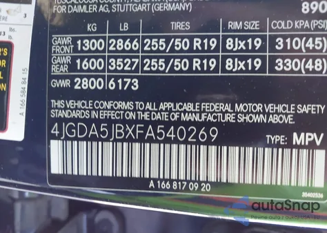 2015 Mercedes-Benz Ml 350 z USA, uszkodzony, nr VIN 4JGDA5JBXFA540269